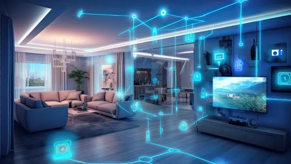 Una smart home con un sistema che indica tutte le tecnologie interconnesse