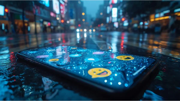 Mobile phone on the ground in the middle of a road with screen unlocked