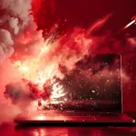 Cyber attack, computer on fire