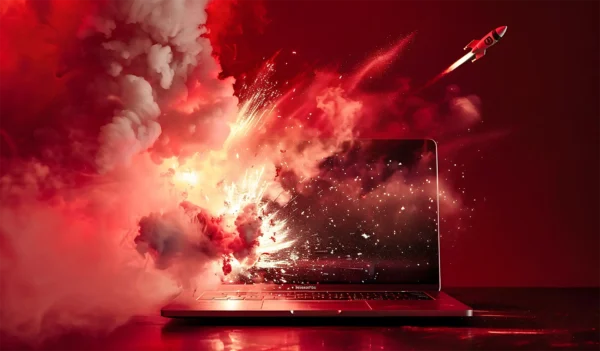 Cyber attack, computer on fire