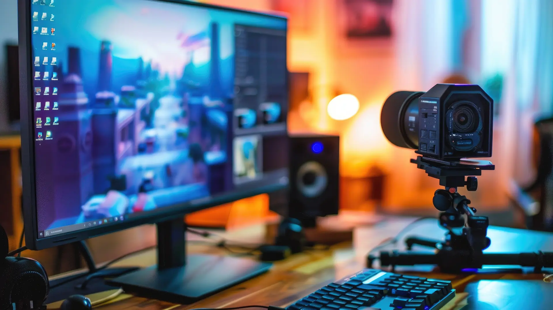 Video conference setting position with computer, camera and speakers