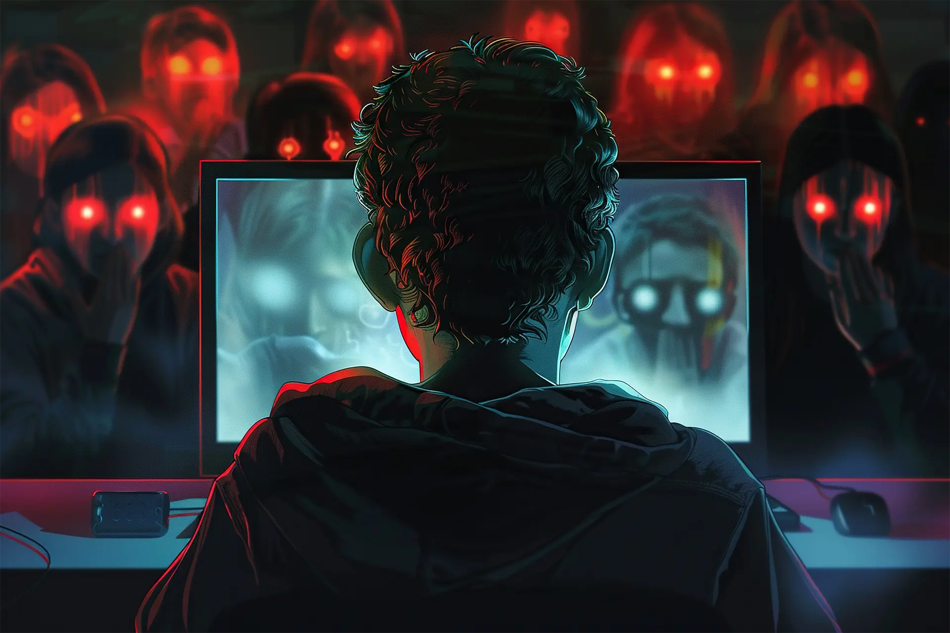 Kid in front of the computer with cyber monsters looking at him