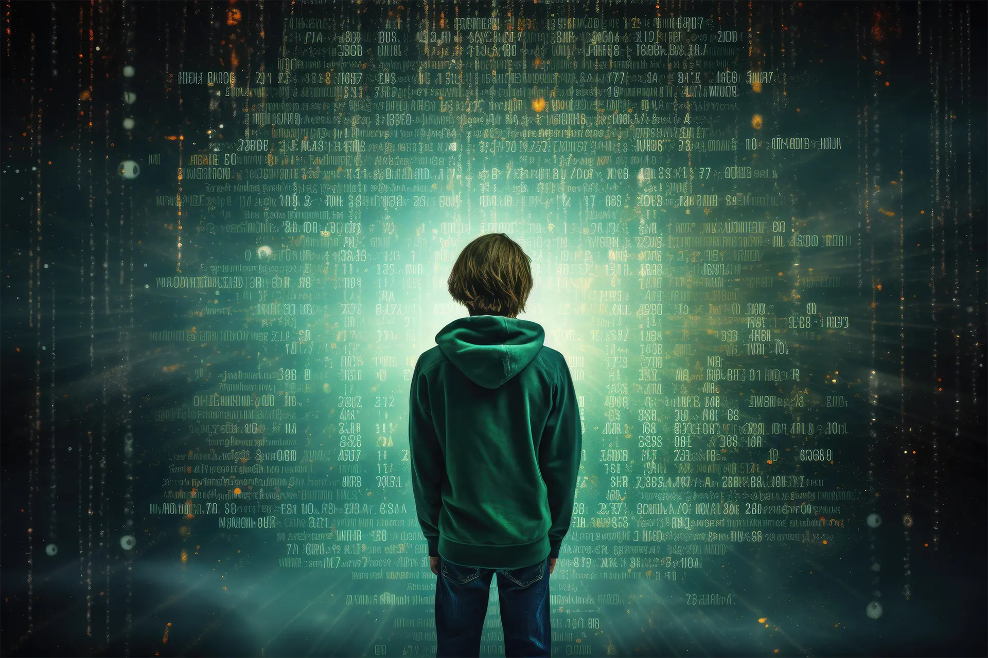 Kid in front of a data wall representing the internet