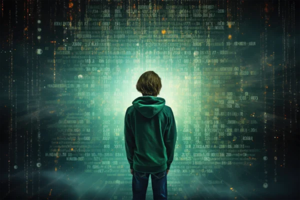 Kid in front of a data wall representing the internet